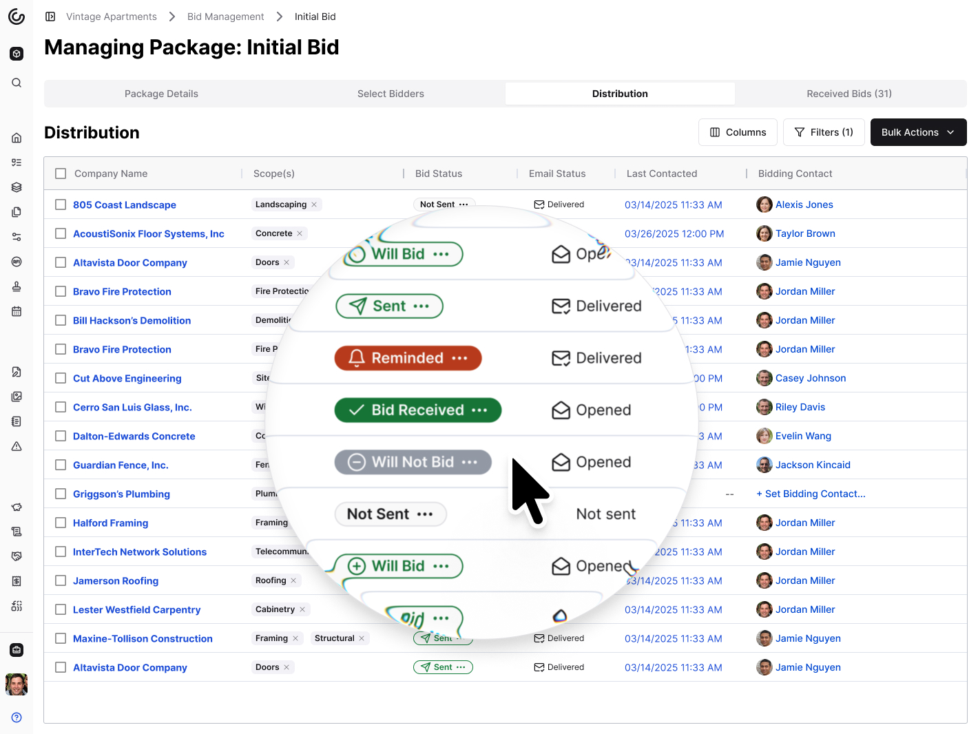A screenshot of Constructable's Bid management interface on its bid Distribution tab, showing a comprehensive table view of all bid statuses for each contacted bidder, along with their email delivery status, last contacted date, and scopes assigned to each invited bidder. This page also includes bulk actions that can be performed on bids, such as sending emails to all bidders, sending reminder emails, bulk updating bid statuses, and much more.