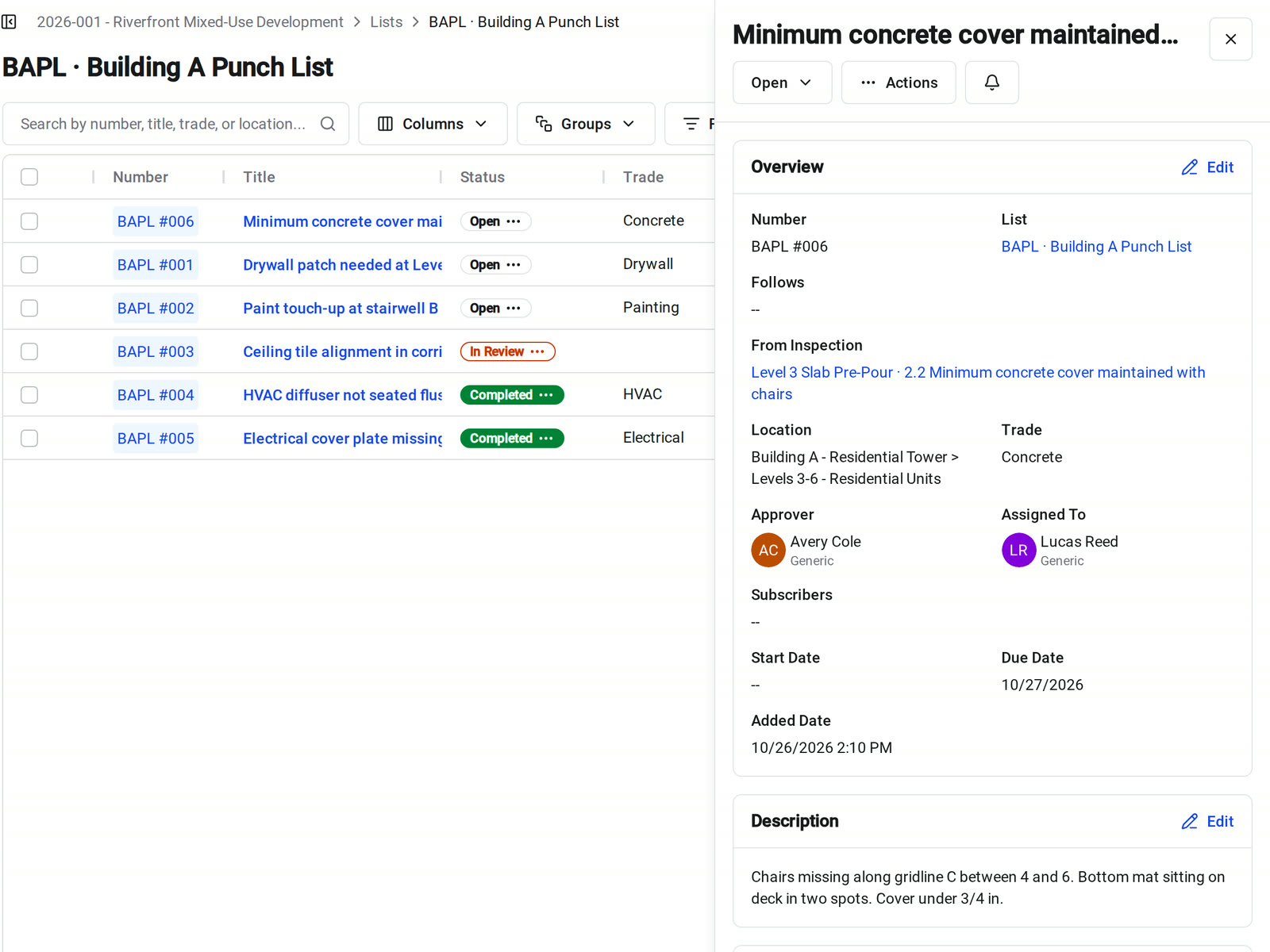 A punch list item in Constructable created from a failed inspection item, showing From Inspection with a link back to the inspection and the inspector's observations as its description