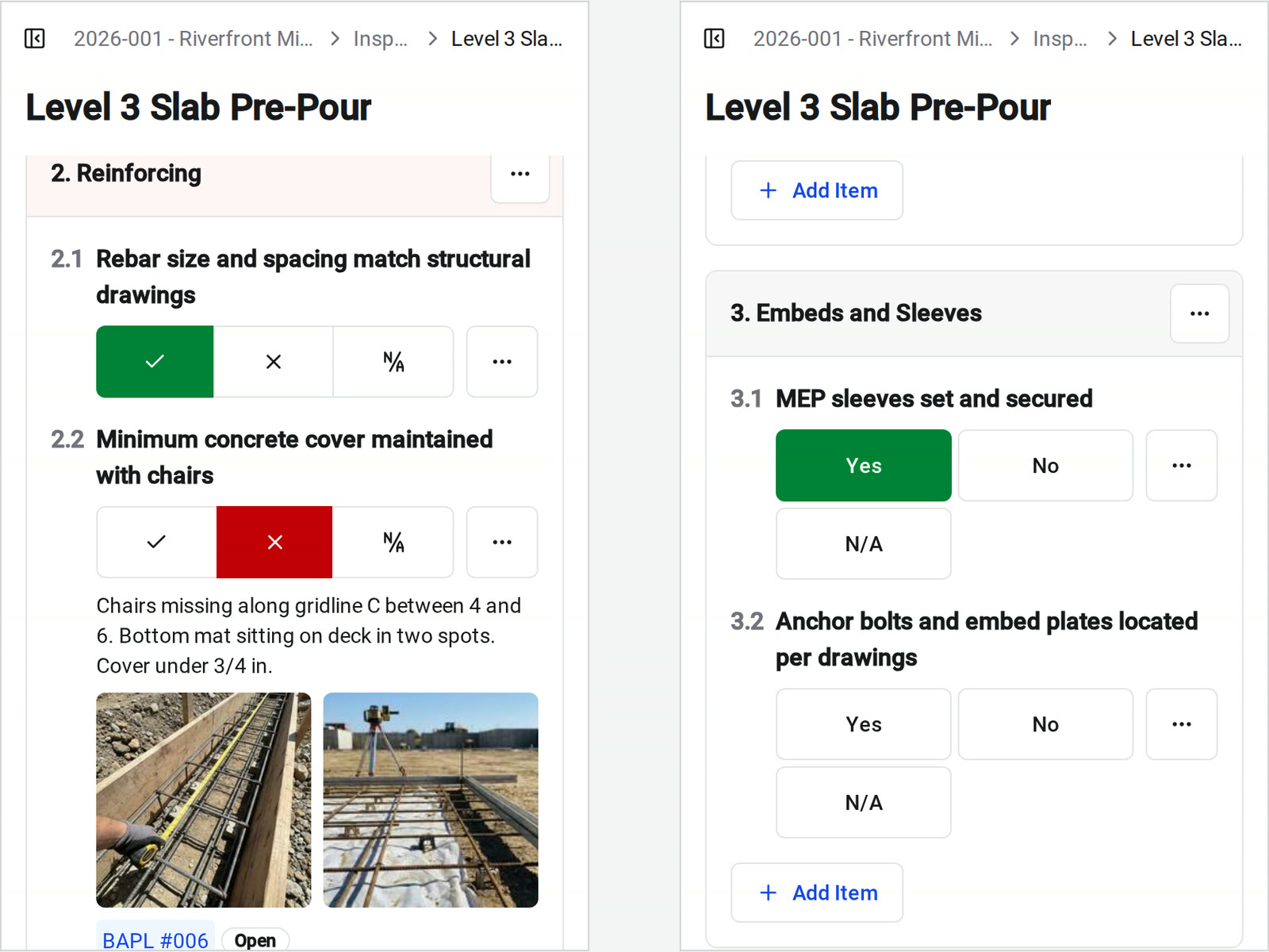 Two phone screens of an inspection in progress in Constructable: a failed item with notes, photos, and its punch item, and items answered with Yes, No, and N/A buttons