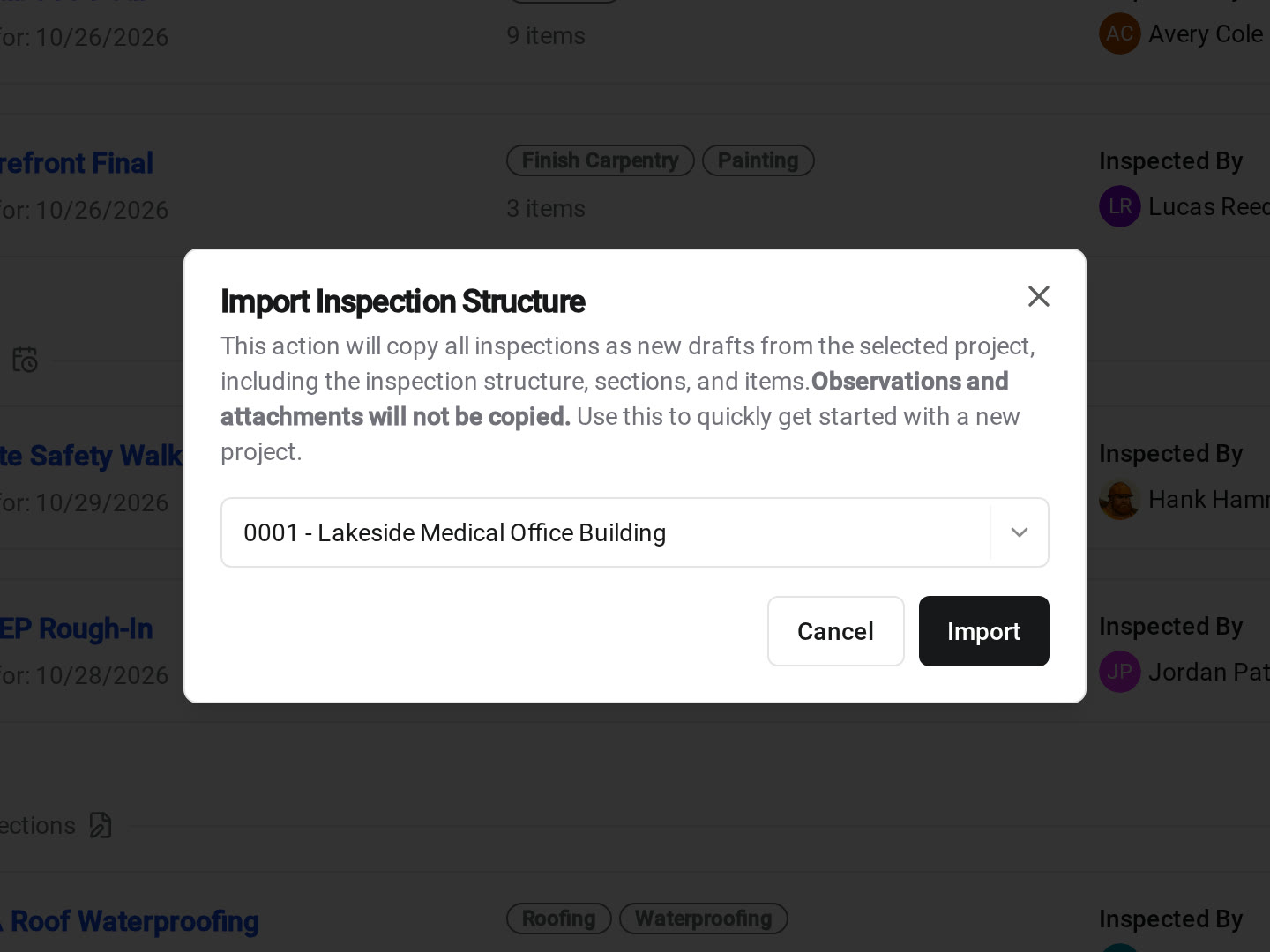 The Import Inspection Structure dialog in Constructable, copying inspection checklists from another project