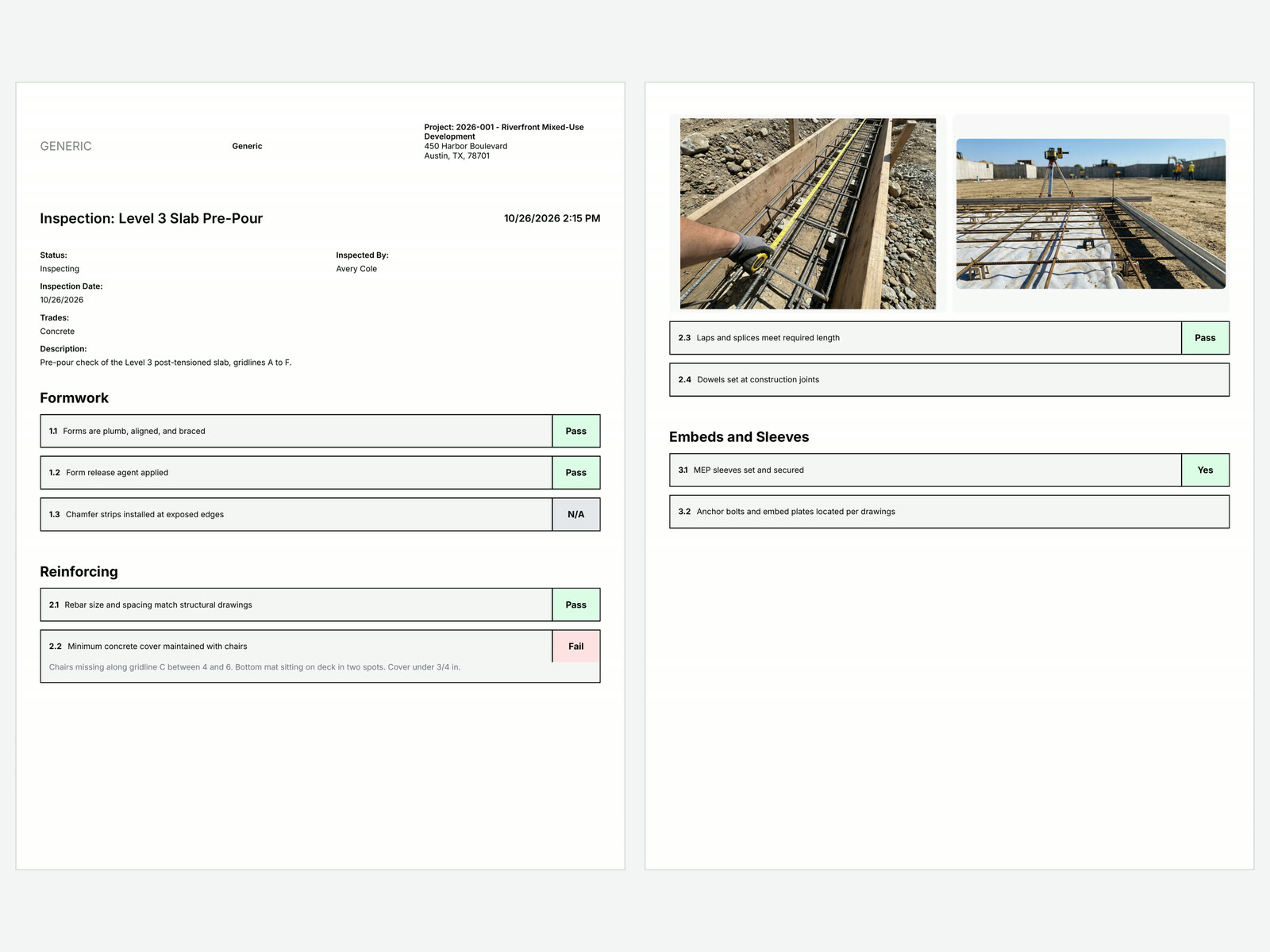 Two pages of an exported inspection PDF from Constructable, showing the overview, Pass, Fail, N/A, and Yes results, observations, and item photos