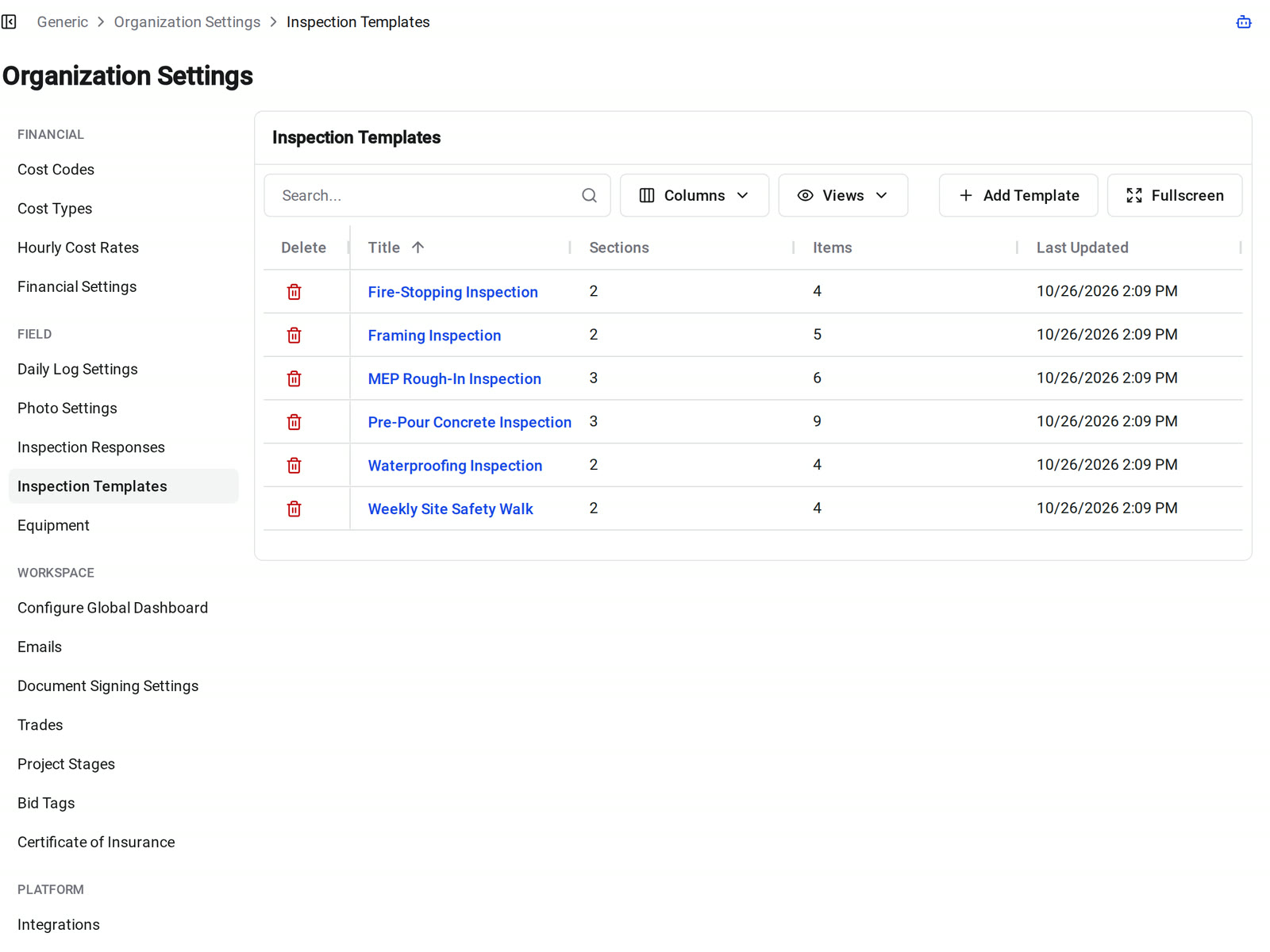 The Inspection Templates library in Constructable's Organization Settings, listing company checklists with their section and item counts