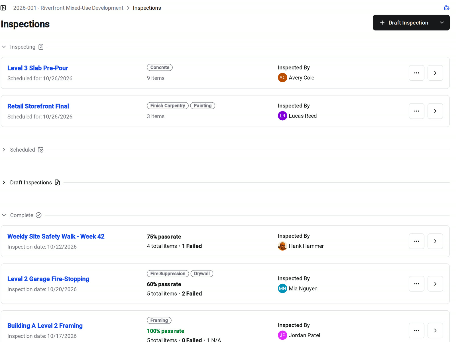 The Inspections page in Constructable, with inspection cards grouped by status and completed inspections showing their pass rates and failed and N/A counts